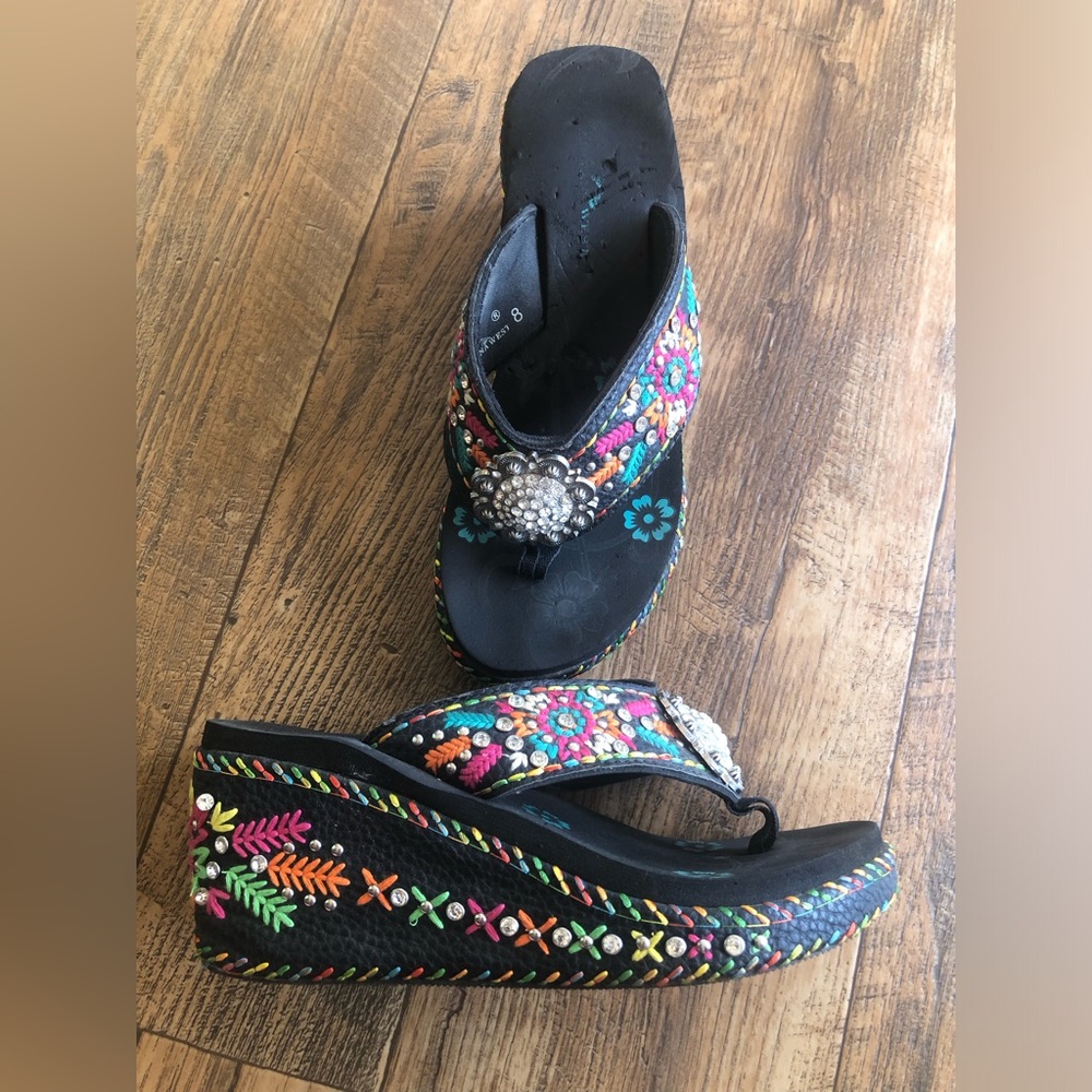 Montana West Women's Flip Flop Sandals Size 8 Colorful Beads Stitching Wedges